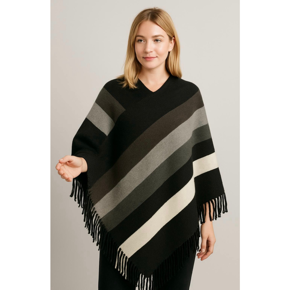 Women's Unbranded Striped Poncho Black Gray V-Neck Lg Timeless Cozy Chic‎ Flowy